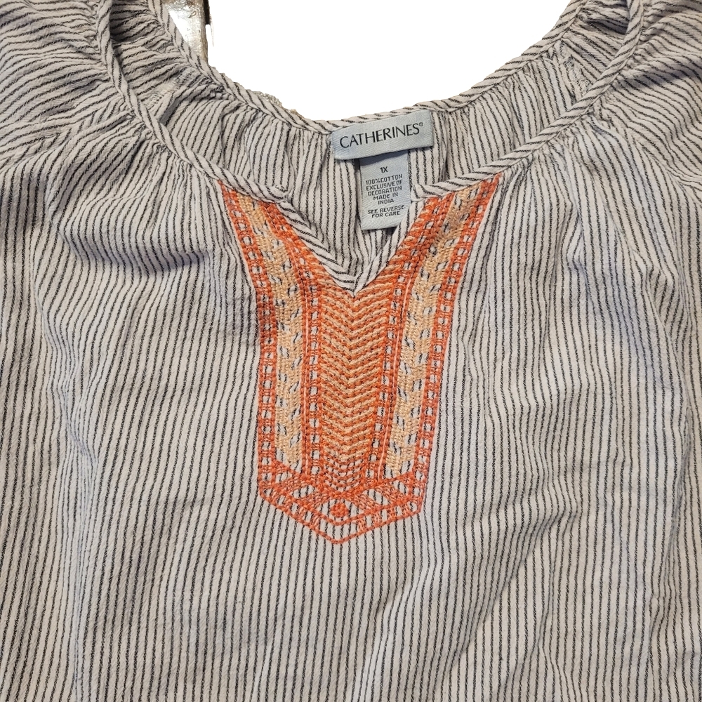 Catherine's Striped Women's Top with Orange Accents -1X - Picture 2 of 9